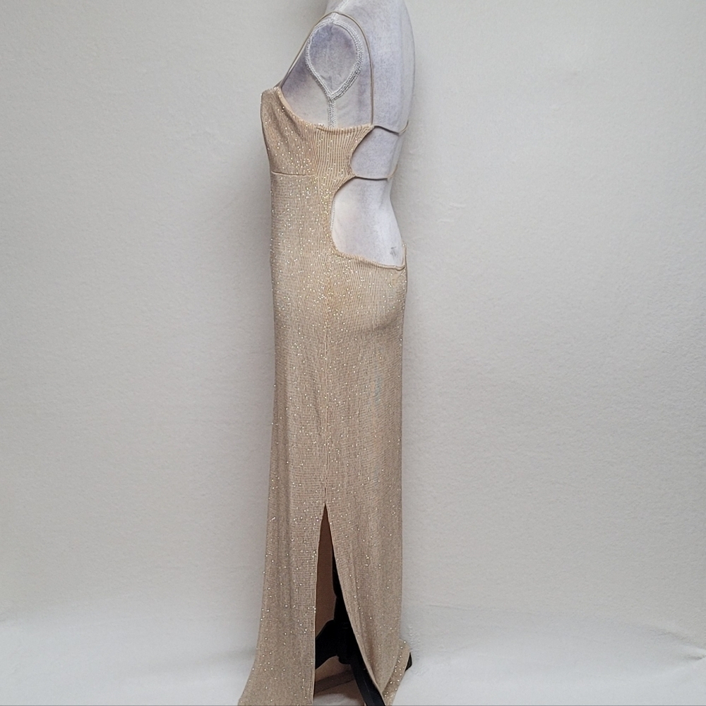 80s Vintage City Triangles Gold Metallic Knit Strappy Backless Slit Maxi Dress M - Picture 7 of 14